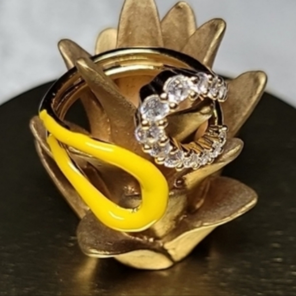 Yellow 18KGP Open, Full Finger CZ Neon Enamel Ring; Adjustable